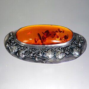 Vintage Baltic Amber Sterling Silver Brooch, 4" x 2"